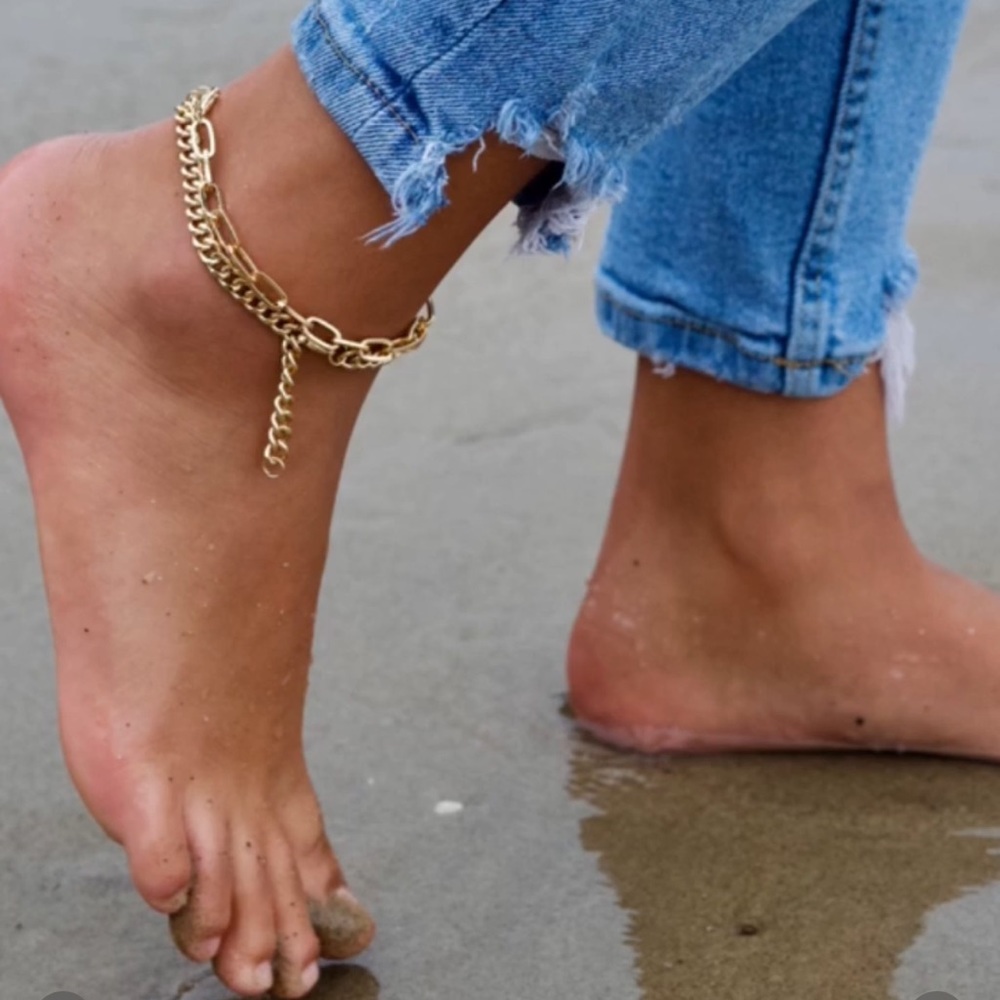 Gold filled paper clip and Cuban link anklets
